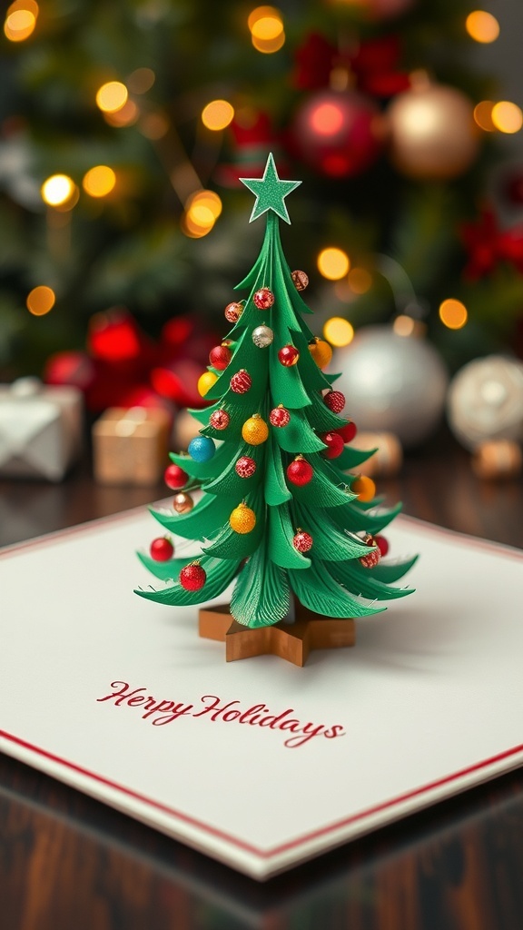 3D Christmas Tree Card Craft A 3D Christmas tree card with a pop-up tree design, decorated with ornaments, on a festive background.